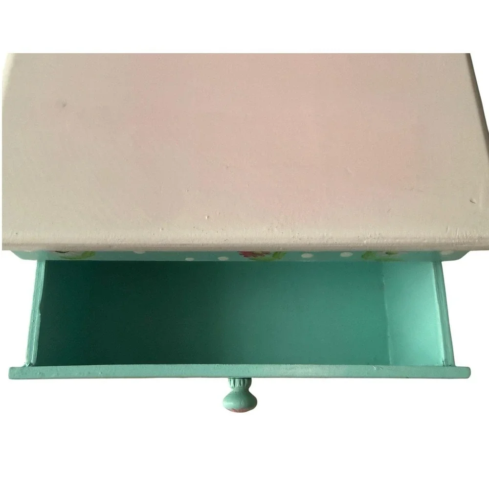 Vintage 90s Hand‎ Painted Wood Jewelry Box Teal Pink Floral Mini Dresser 9 x 7.5